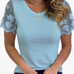 Diosun Women's Lace Short Sleeve Crewneck T Shirts Loose Casual Summer Tee Tops